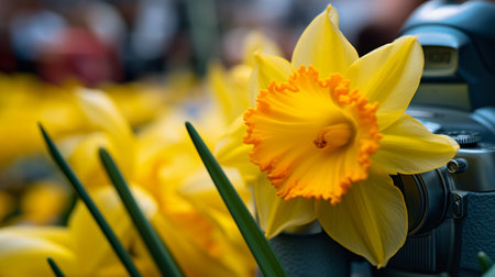 close-up shot of daffodil on display at a marketの素材