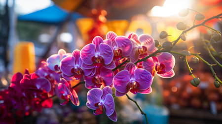 A photo of a close-up shot of vibrant orchid on display at a market standの素材