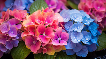 A photo of a close-up shot of vibrant Hydrangea on display at a market standの素材