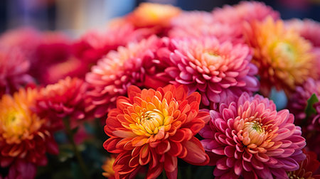 A photo of a close-up shot of vibrant Chrysanthemum on display at a market standの素材