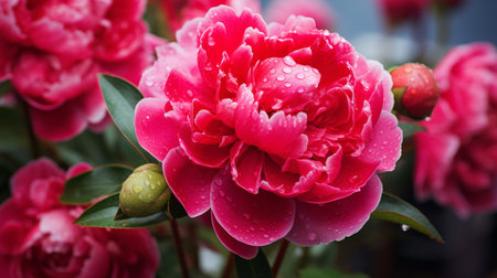 A photo of a close-up shot of vibrant peony on display at a market standの素材