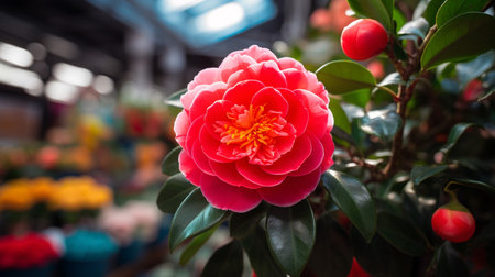 A photo of a close-up shot of vibrant camellia on display at a market standの素材