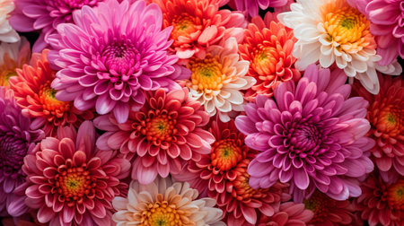 A photo of a close-up shot of vibrant Chrysanthemum on display at a market standの素材