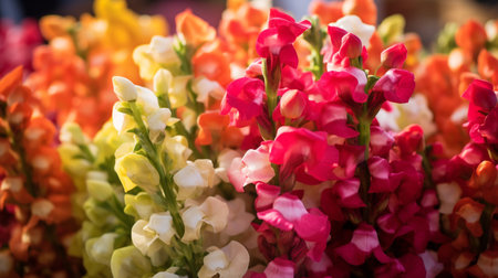 close-up shot of snapdragons on display at a marketの素材