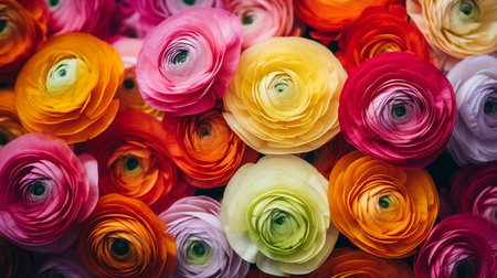 A photo of a close-up shot of vibrant Ranunculus on display at a market standの素材