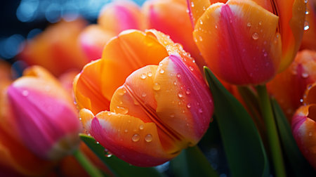 A photo of a close-up shot of vibrant tulip on display at a market standの素材