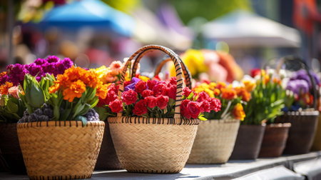 A photo of a market display with baskets brimming with colorful flowerの素材