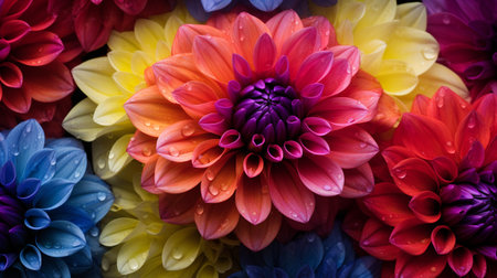 A photo of a close-up shot of vibrant dahlia on display at a market standの素材