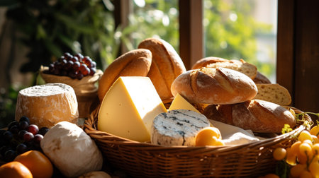 A photo of a basket filled with artisanal cheeses and bread on a wooden table at a gourmet food festivalの素材