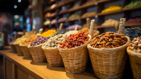 A photo of a basket containing assorted nuts and dried fruits at a health food storeの素材