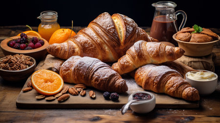 A photo of a breakfast spread featuring a variety of freshly baked pastriesの素材