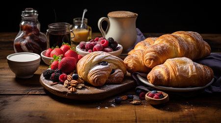 A photo of a breakfast spread featuring a variety of freshly baked pastriesの素材