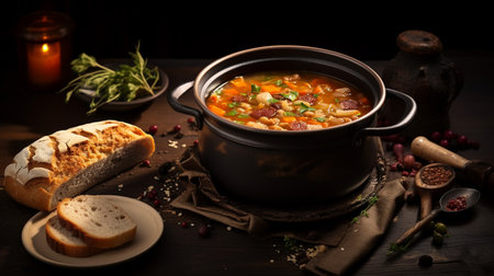 A photo of a comforting bowl of soup in a thermal container on a cozy winter dayの素材