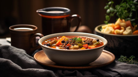 A photo of a comforting bowl of soup in a thermal container on a cozy winter dayの素材