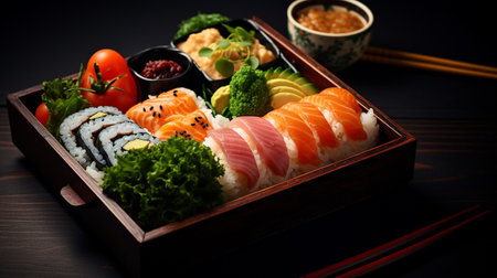 A photo of a classic bento box with sushi and assorted Japanese delicacies, displayed on a wooden table during the eveningの素材