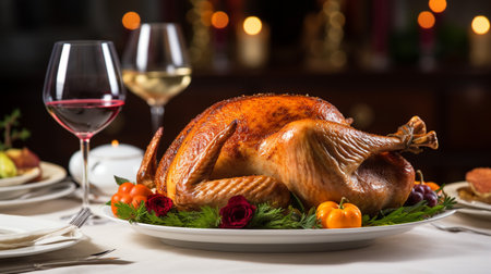 A photo of a festive holiday dinner table with a centerpiece of roasted turkeyの素材