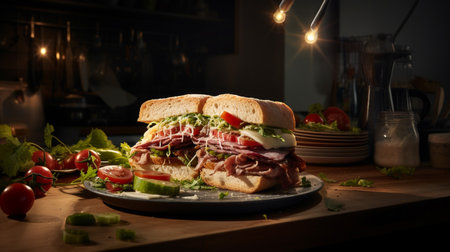 A photo of a gourmet sandwich with artisanal ingredients in a contemporary kitchen at nightの素材