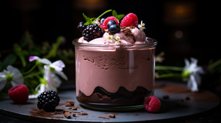 A photo of a decadent chocolate mousse dessert in an elegant glass jarの素材