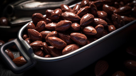 A photo of a handful of chocolate-covered almonds in a snack-sized container, a delightful and indulgent treatの素材