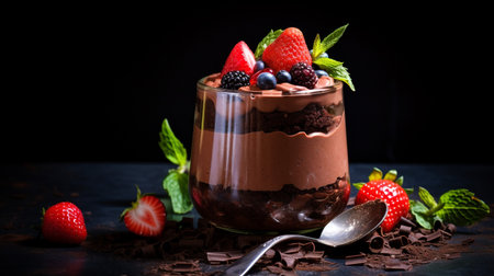 A photo of a decadent chocolate mousse dessert in an elegant glass jarの素材