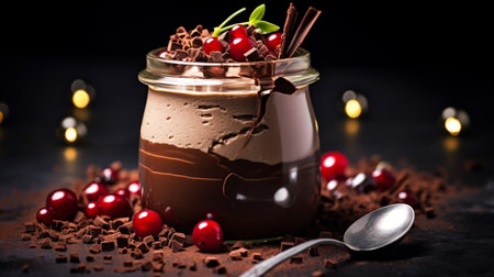 A photo of a decadent chocolate mousse dessert in an elegant glass jarの素材