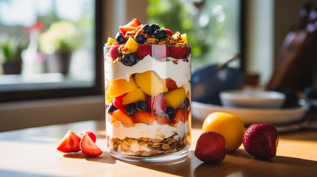 A photo of a layered fruit parfait in a clear jar, showcasing the colors and textures in a well-lit kitchen at sunsetの素材