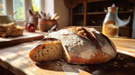 Photo of Rustic Sourdough Bread Cooling on a Wooden Kitの素材