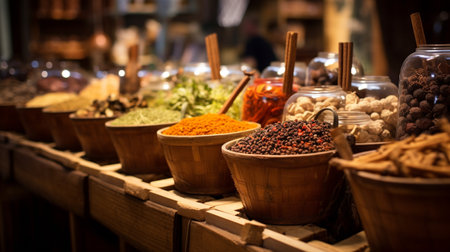 A photo of a market stall with baskets of assorted spices and herbsの素材
