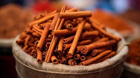 A photo of a close-up shot of vibrant cinnamon on display at a market standの素材