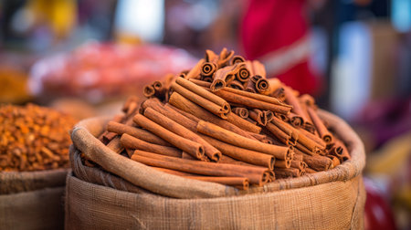 A photo of a close-up shot of vibrant cinnamon on display at a market standの素材