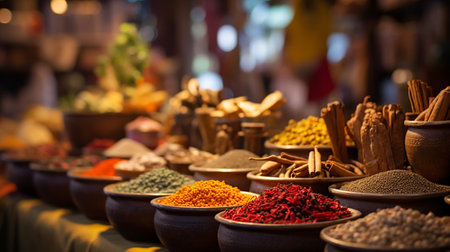 A photo of a market stall with baskets of assorted spices and herbsの素材