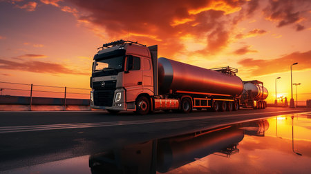 A photo of a fuel tanker truck parked at a gas station during sunsetの素材
