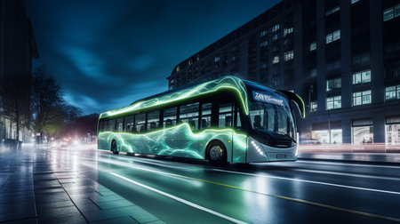 A photo of a hybrid-electric bus in operationの素材