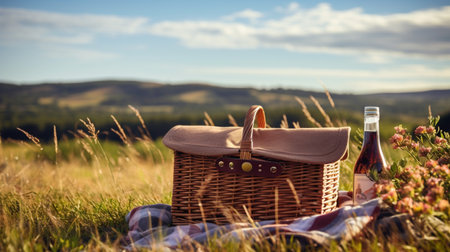 A photo of a picnic basket nestled in tall grass with a scenic landscape in the backgroundの素材