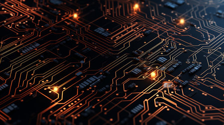 A background featuring intricate circuit board patternsの素材