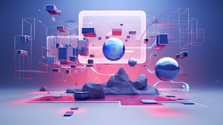 A background with augmented reality elements like floating information, graphics, and virtual objectsの素材
