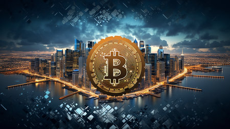 Bitcoin cryptocurrency coin on the background of the city. 3D renderingの素材