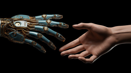 3d rendering robot hand with cyborg hand isolated on black backgroundの素材