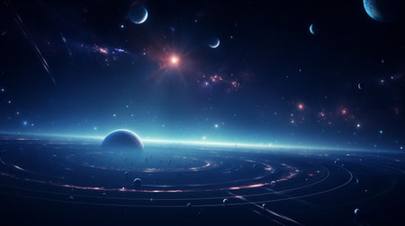A digital rendering of a rare alignment of planets in a starry skyの素材