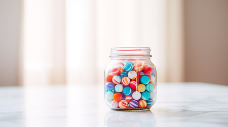 A photo of a classic marble jar filled with retro-inspired marbles on a white tabletop, evoking a sense of nostalgia and joyの素材