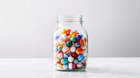A photo of a classic marble jar filled with retro-inspired glass marbles on a white tabletop, evoking a sense of nostalgia and joyの素材