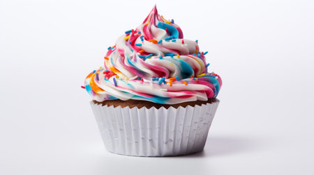 A photo of a candy-filled cupcake wrapper on a white background, highlighting the sweet and indulgent natureの素材