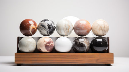 A photo of a modern marble organizer featuring a selection of stylish marbles isolated on a white tabletopの素材