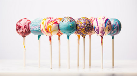 A Photo of Vibrant Marble-Covered Cake Pop on a White Backgroundの素材