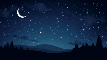 A classic depiction of a night sky filled with twinkling stars and a crescent moonの素材
