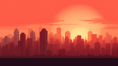 A silhouette of city buildings against a sunsetの素材