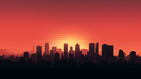 A silhouette of city buildings against a sunsetの素材