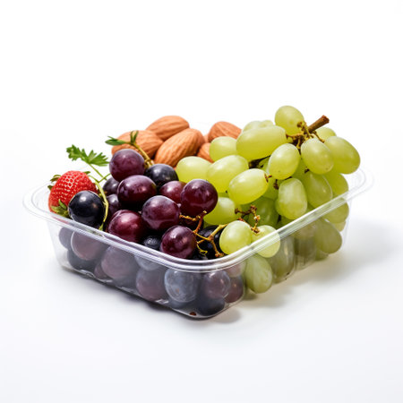 A photo of a compact fruit container with a selection of seasonal fruits, such as grapes and plums isolated on white backgroundの素材