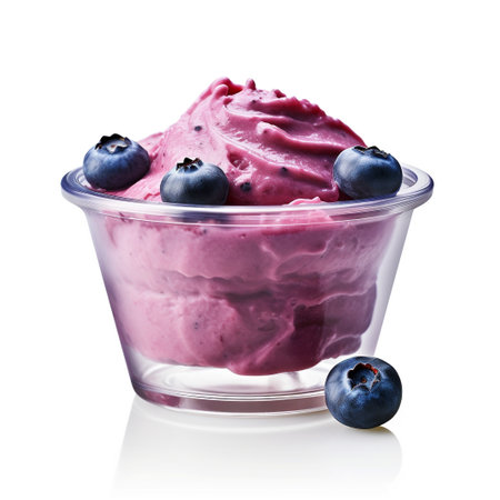 A photo of a sleek transparent container with Blueberry flavored ice cream isolated on white backgroundの素材
