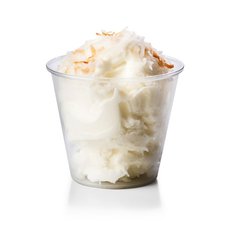 A photo of a sleek transparent container with Coconut flavored ice cream isolated on white backgroundの素材